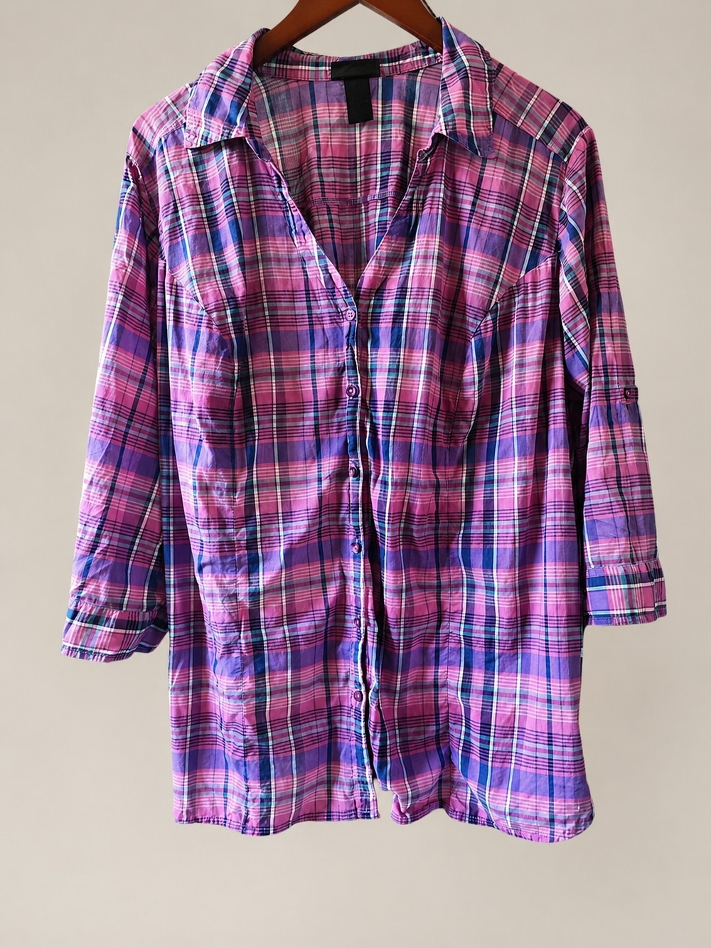 Lane Bryant Pink & Purple Plaid Roll-Tab Sleeve Button-Up Shirt